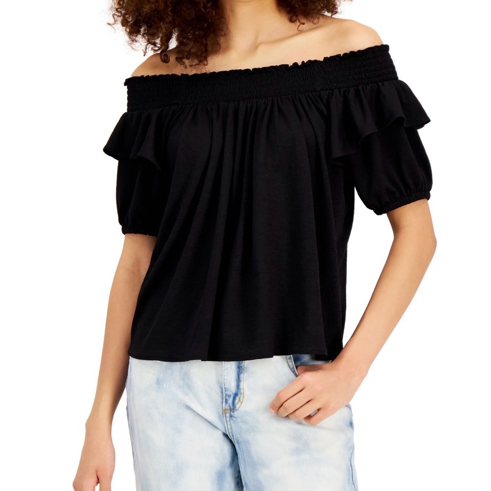 INC International Concepts Black Off-Shoulder Ruffle Blouse